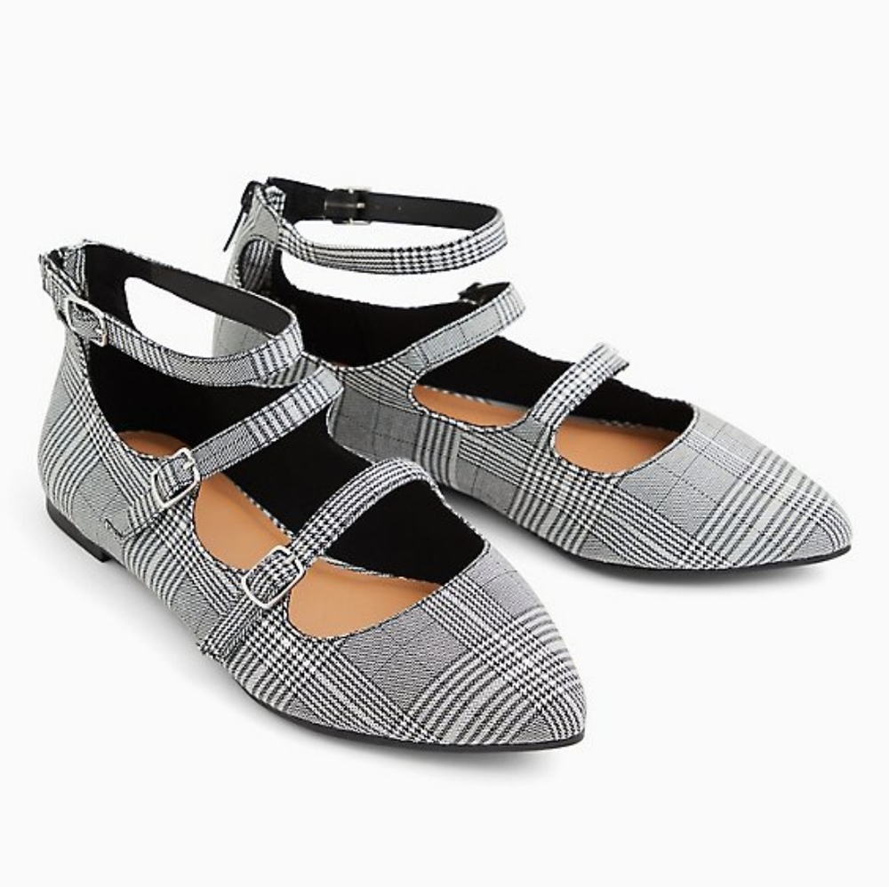 Torrid Wide Width Black & White Plaid Triple Strap Pointed Toe Mary Jane Flats